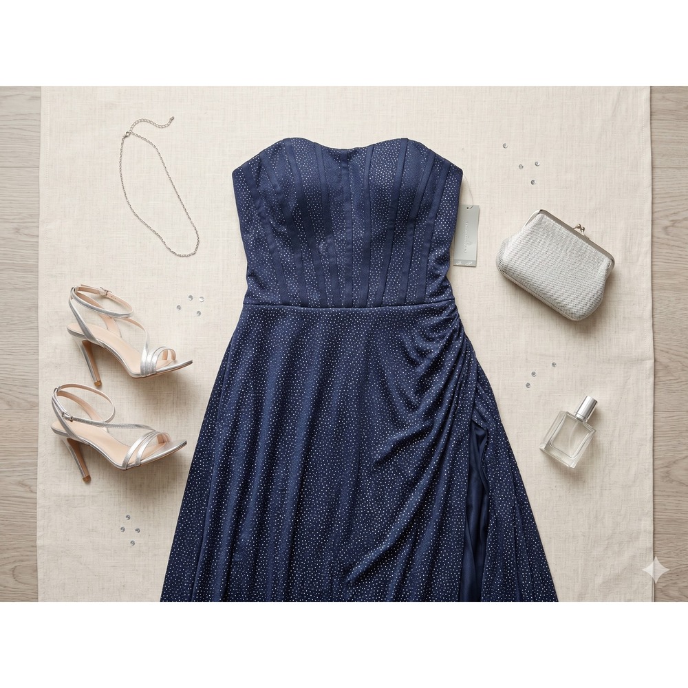 Womens Navy New Metallic Glitter Corset Strapless  Dress